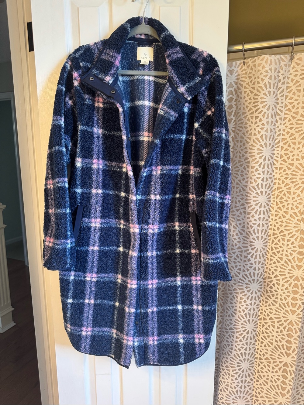 Women’s Navy Plaid Teddy Pea Coat with Pink Accents